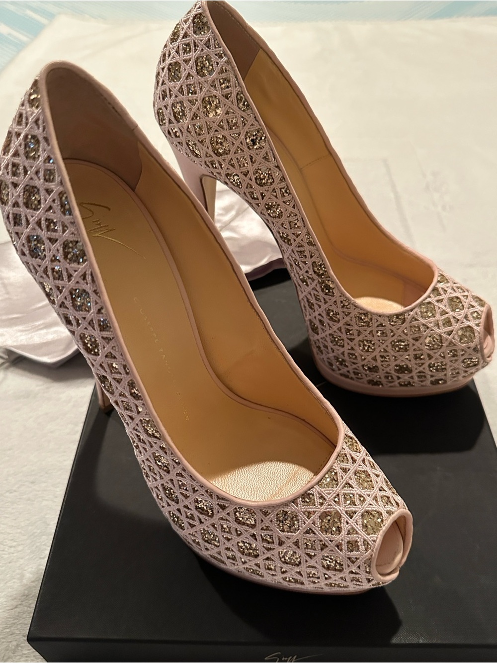 Giuseppe Zanotti Pink Glitter Lattice Peep-Toe Pumps